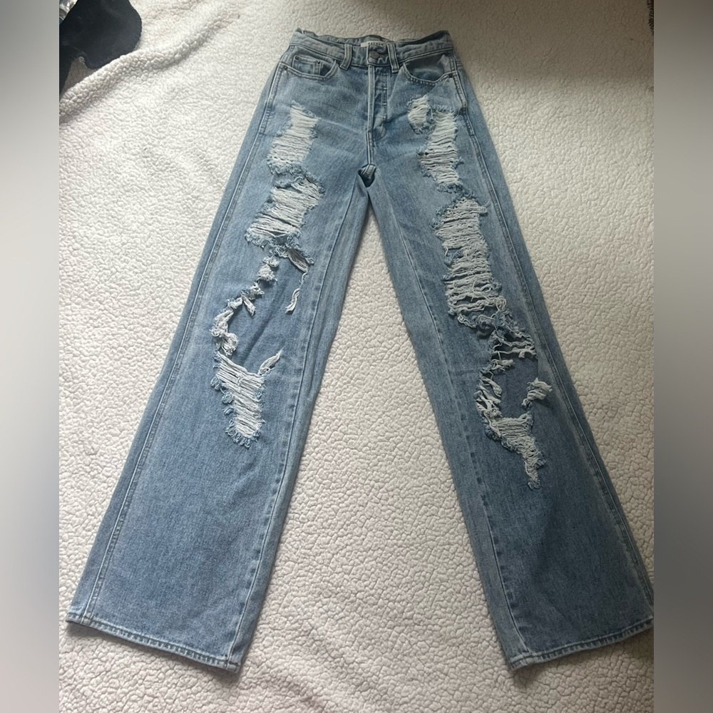 PacSun Blue Flare Wide Leg Jeans with Distressed Details